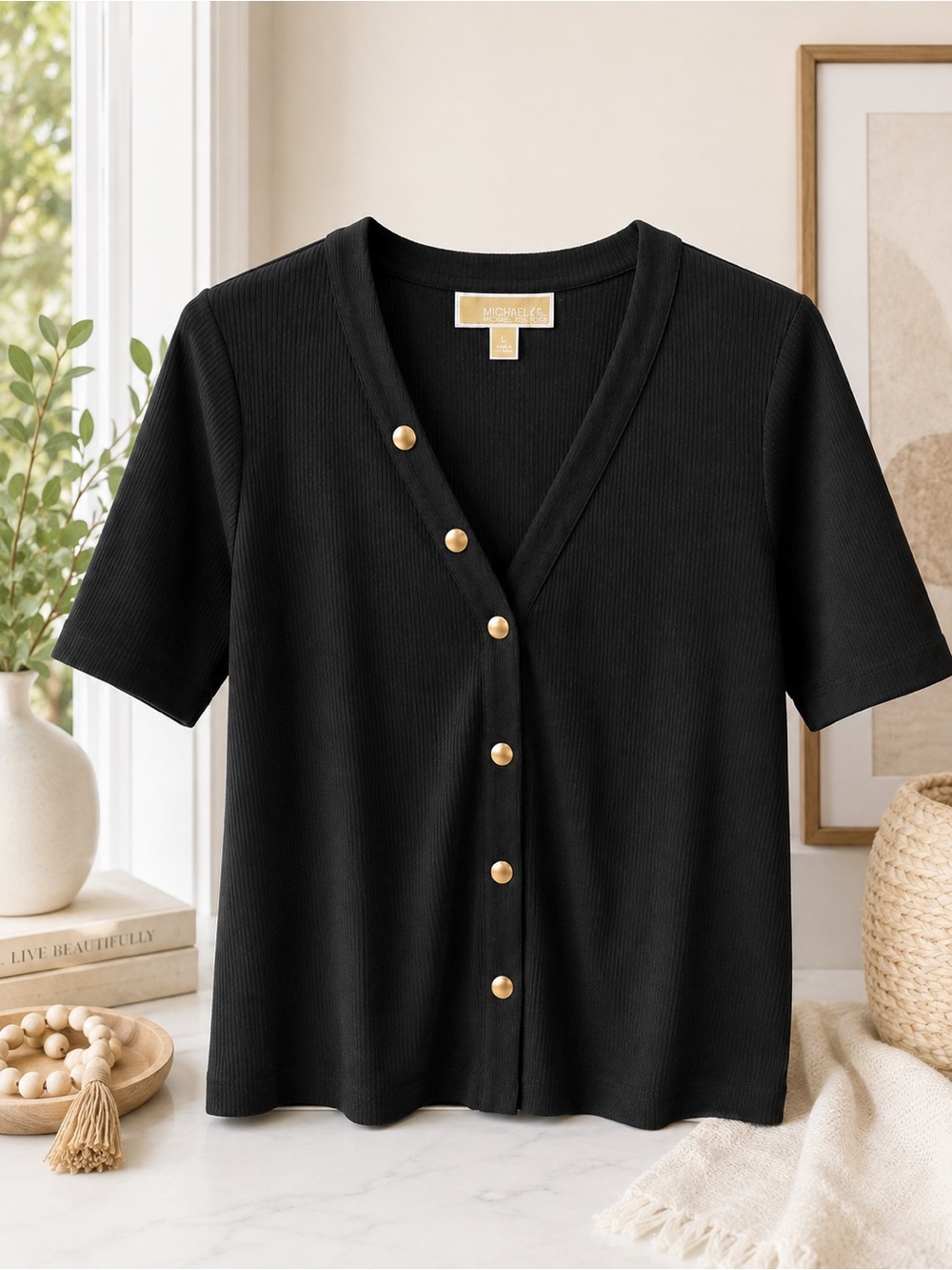 Michael Kors Black Short-Sleeve Ribbed V-Neck Top with Gold Buttons